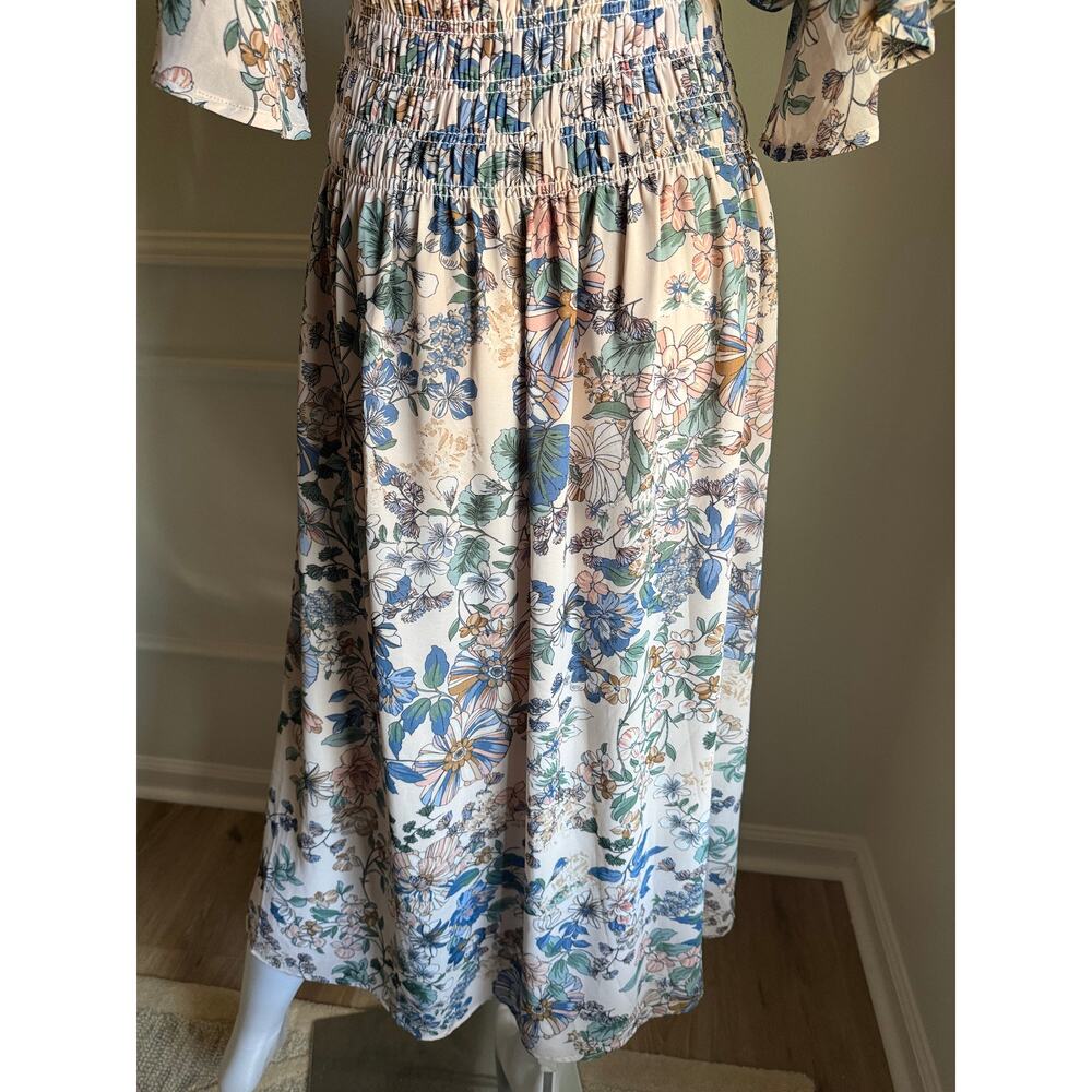 Bohme Floral Midi Dress Smocked Waist Cottagecore Prairie Boho Feminine Small - Picture 6 of 8